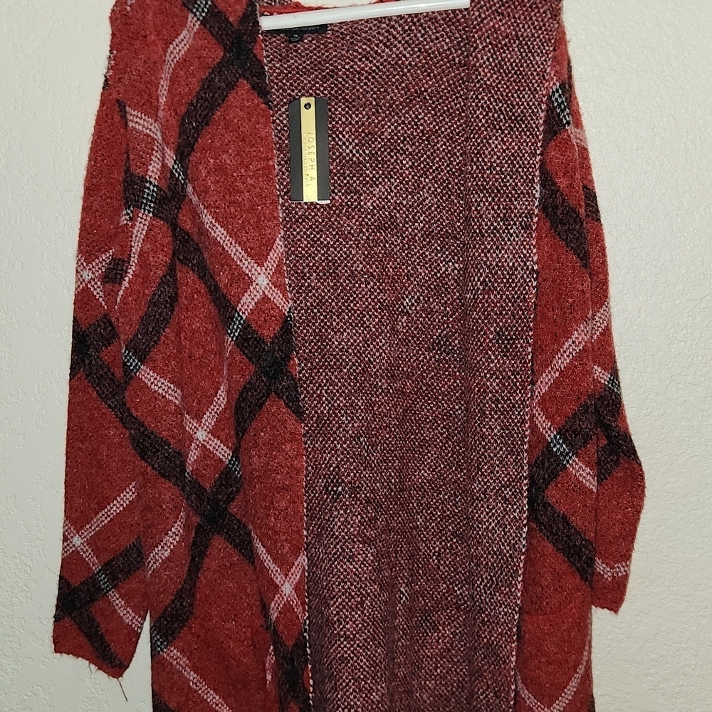 JOESEPH . A Plaid Red and Black Women's LONG Hooded Sweater Cardigan Sz S NWT - Picture 3 of 4